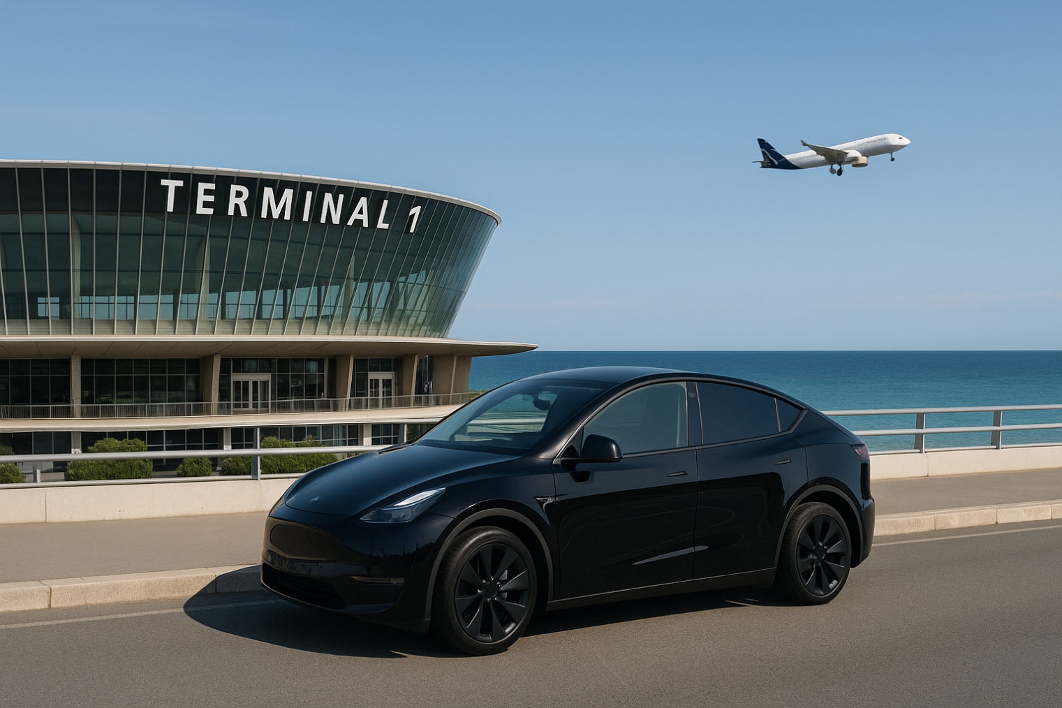 Tesla Model Y noire stationnée devant le Terminal 1 de l’aéroport Nice Côte d’Azur avec un avion au décollage, illustrant le service VTC CONTACT VTC AB.